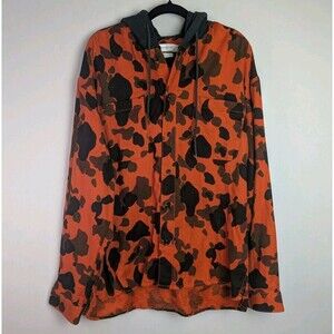 Urban Outfitters Hooded Shirt Sz L Orange Camo Hunting Button Up Pockets Unisex